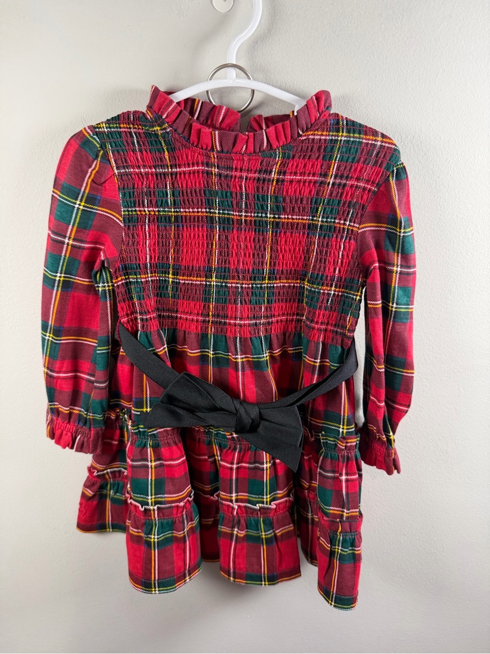 Ralph Lauren Tartan Red Plaid Smocked Dress with Black Bow Size 12m NWT